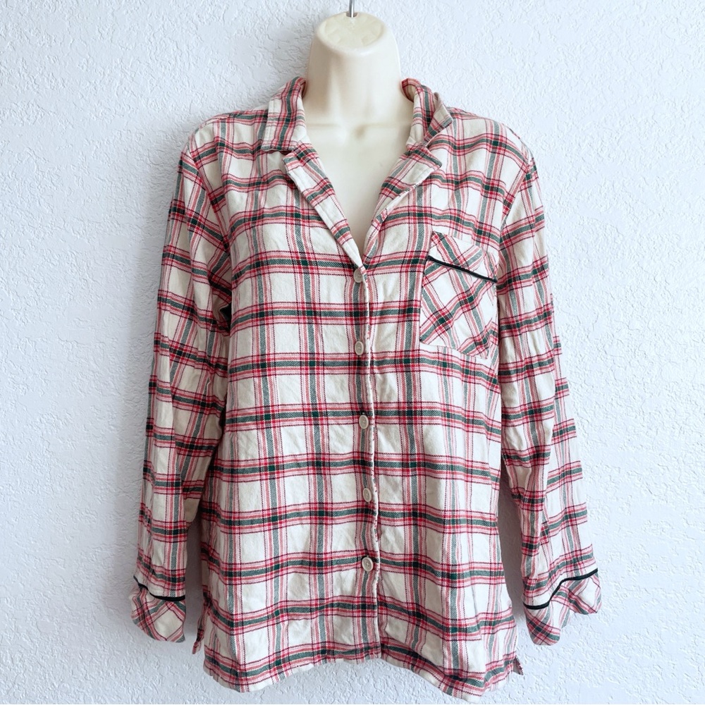 Marine Layer Plaid Button-Up Classic Pajama Shirt Cream Red SMALL Flannel Soft